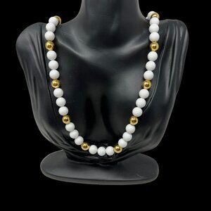 Vintage Napier Necklace Long Beaded White and Gold Tone Beads 24 inch